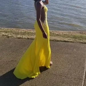 open lace back dress Yellow Sleek Satin V-Neck Dress For Prom With Beading And Lace-Up Back main image 0